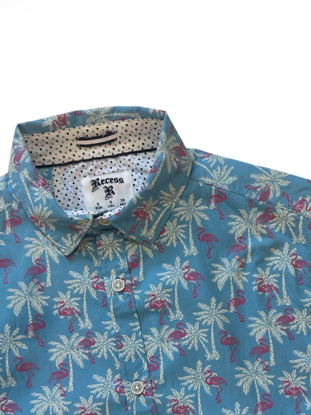 Recess Junior Small  Light Blue Palm & Flamingo Short Sleeve Button-Up Shirt